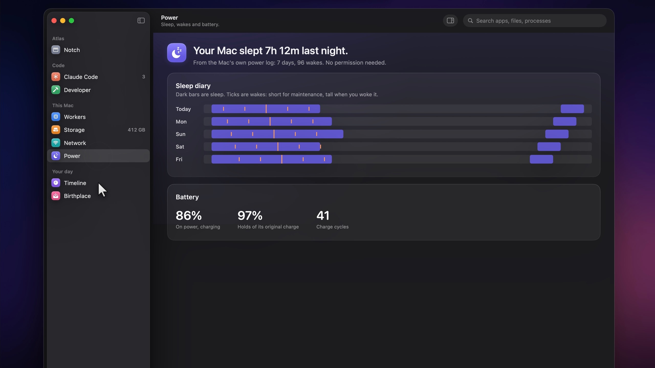 Power in Mac Atlas: your Mac slept 7 hours 12 minutes last night, with a sleep diary for the week.