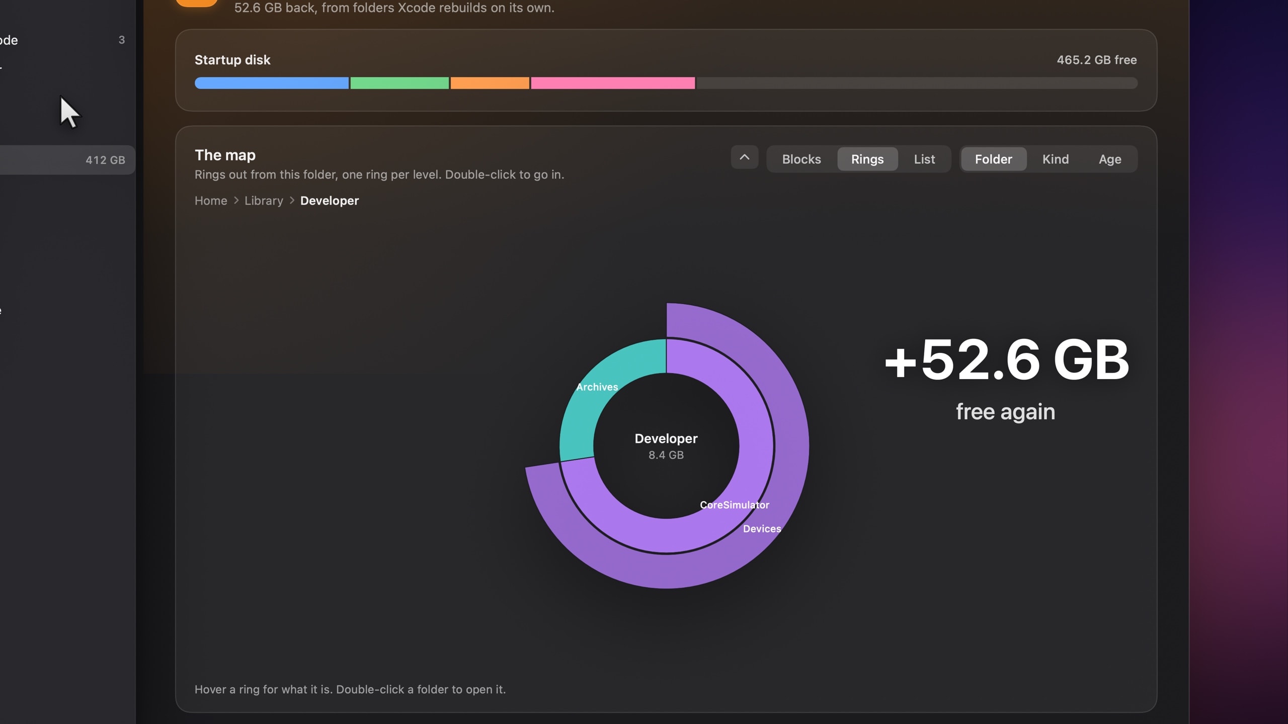The Developer ring after cleanup, with 52.6 GB free again.