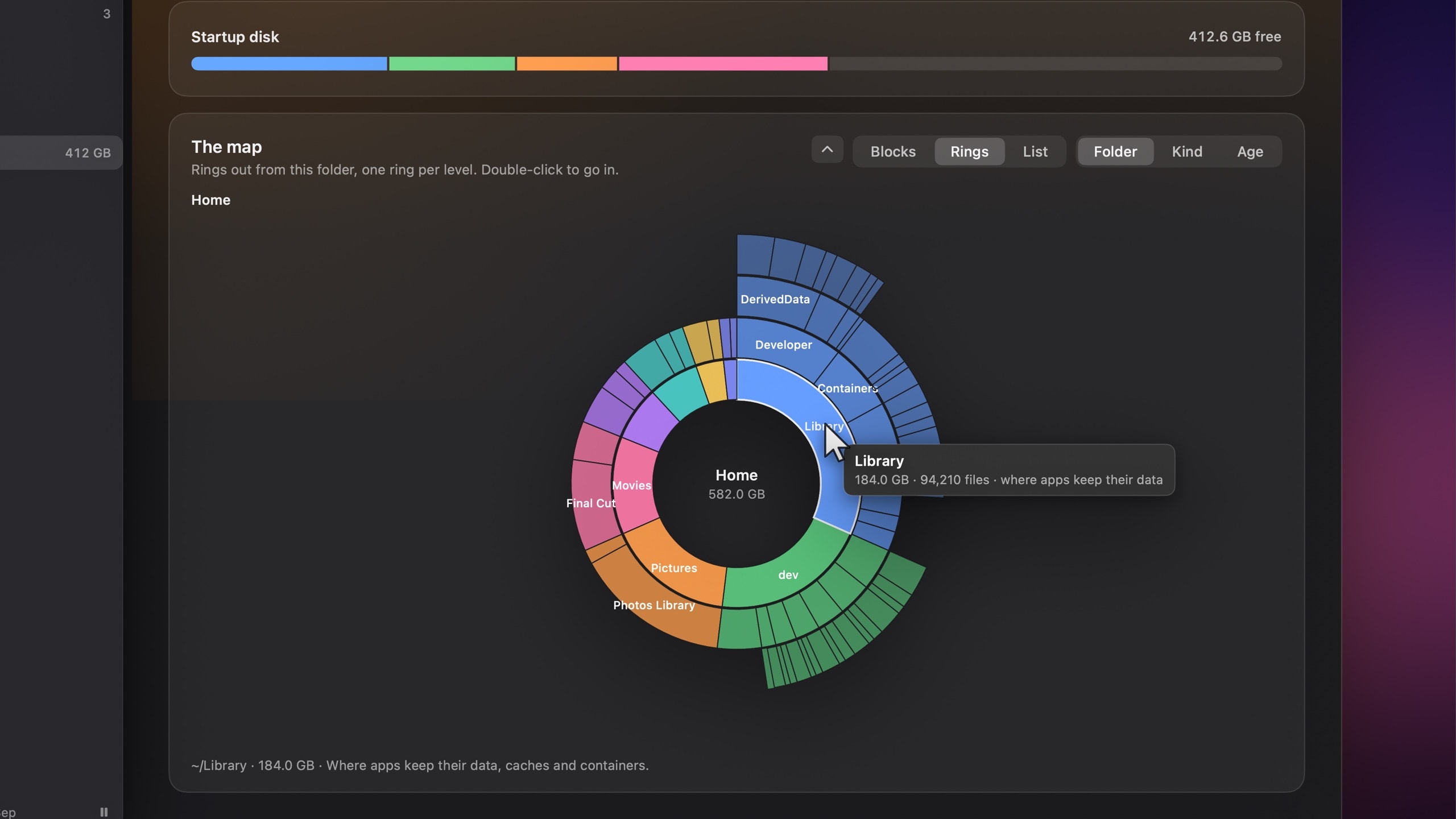 Storage in Mac Atlas: the home folder drawn as rings, with Library highlighted at 184 GB.