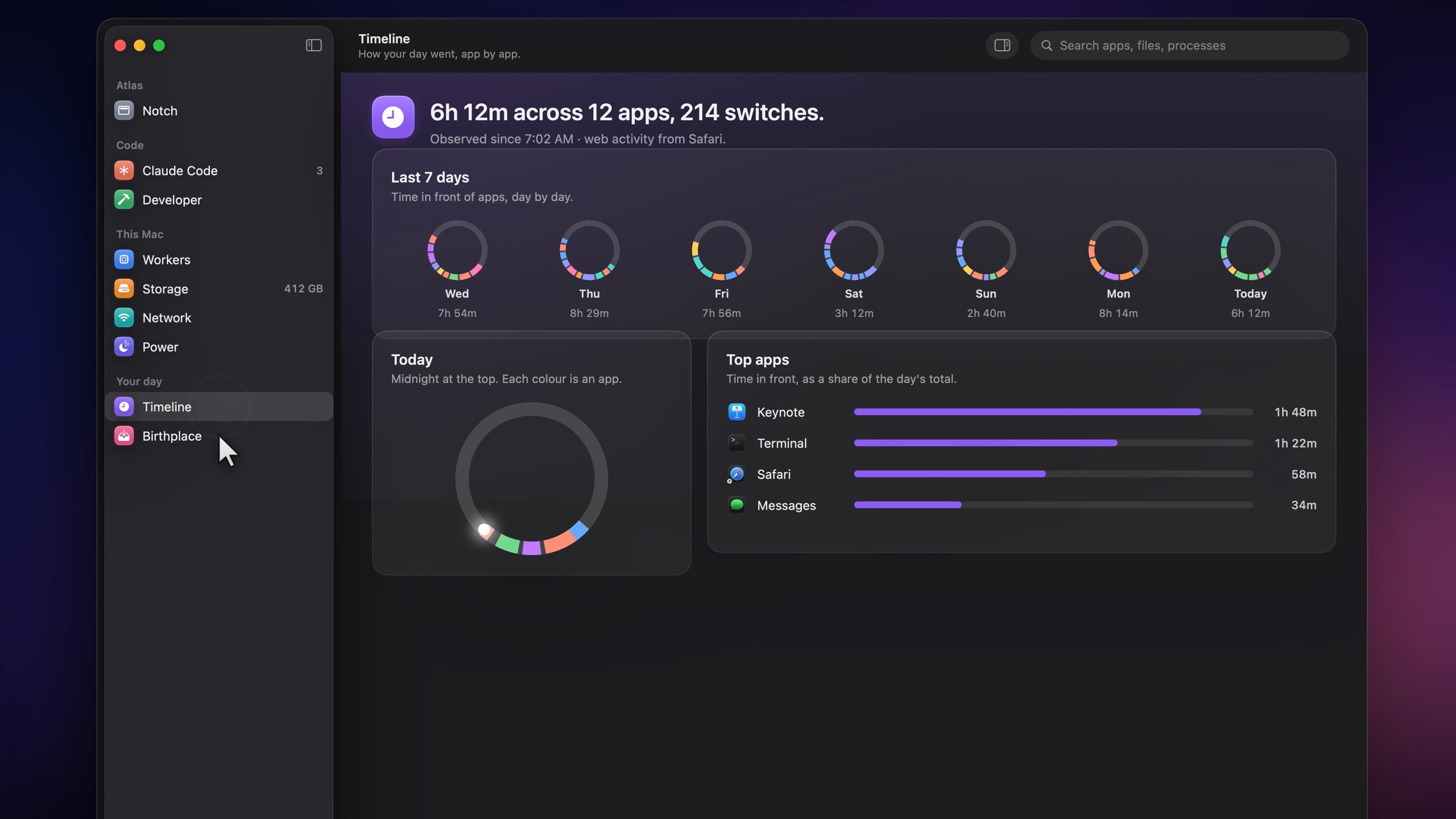 Timeline in Mac Atlas: 6 hours 12 minutes across 12 apps, with a ring for each of the last seven days.